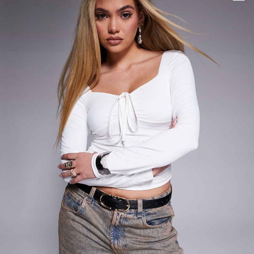 White Long Sleeve Top with Tie Detail